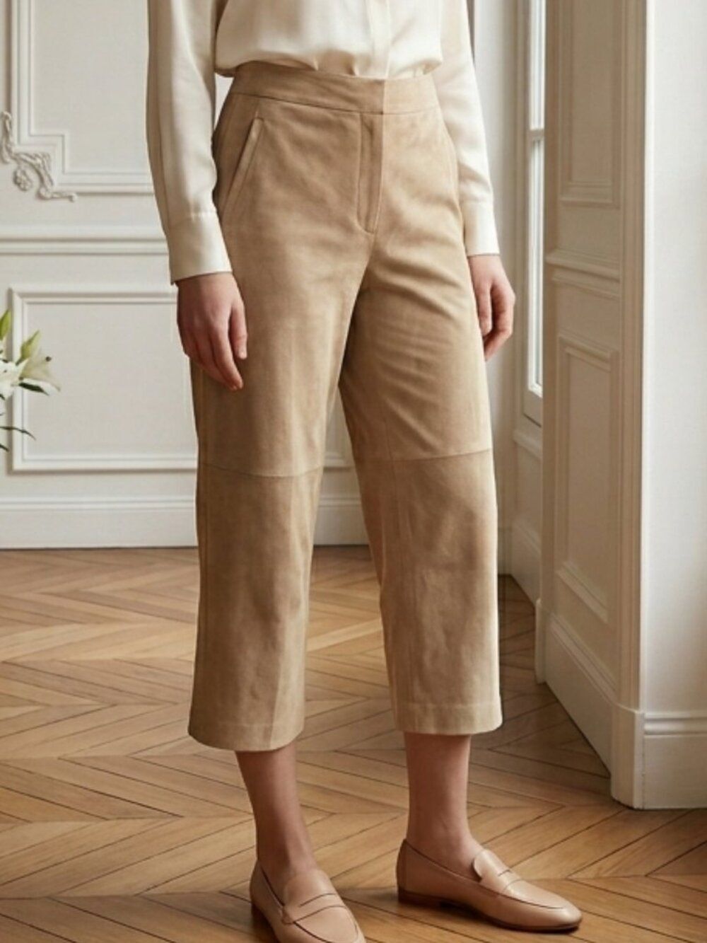 Boston Proper Tan Faux Suede Wide Leg Crop Pants 6 | High Rise Side Zip